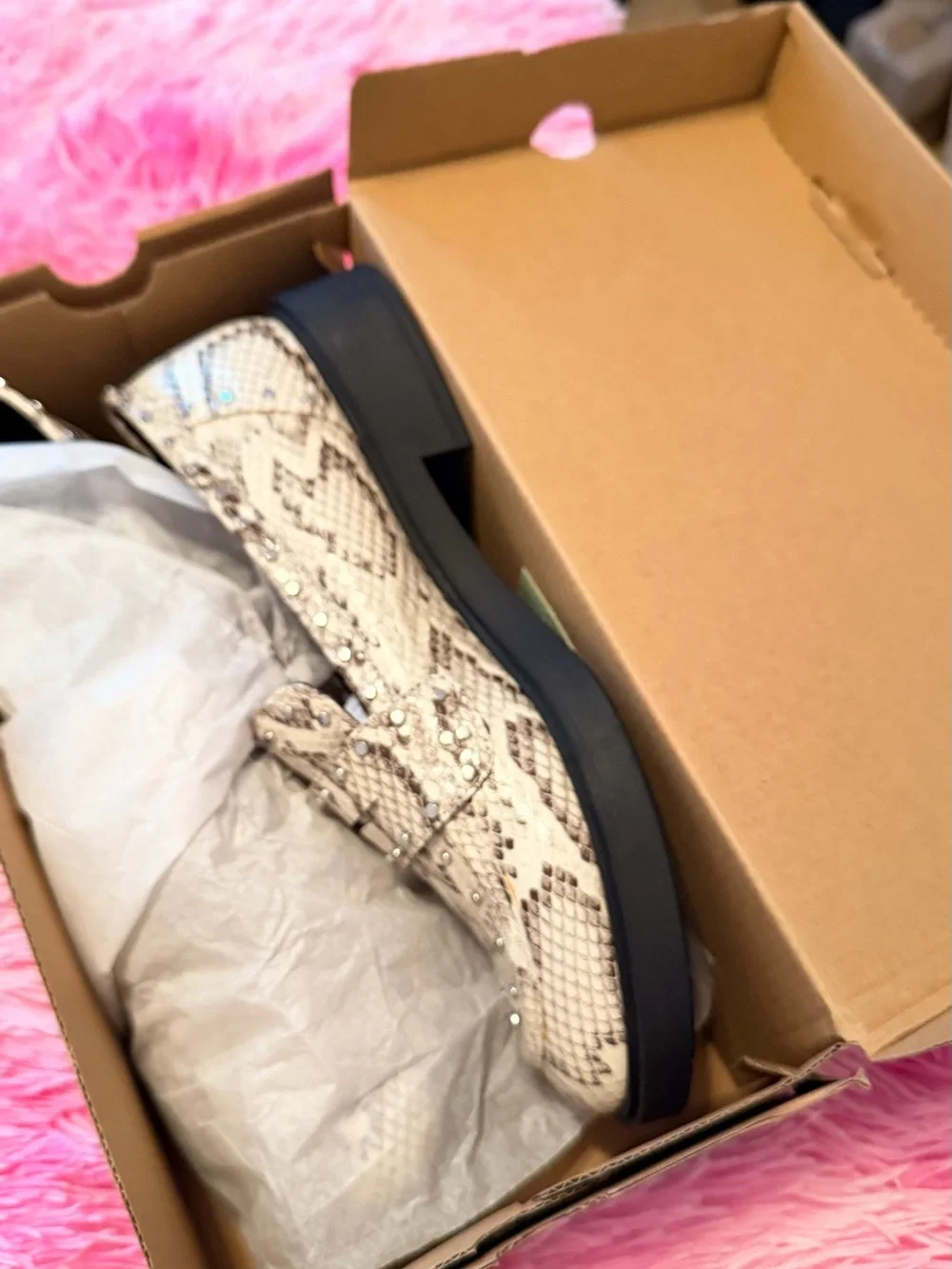 Men's Snake-Print Studded Penny Loafers in Beige